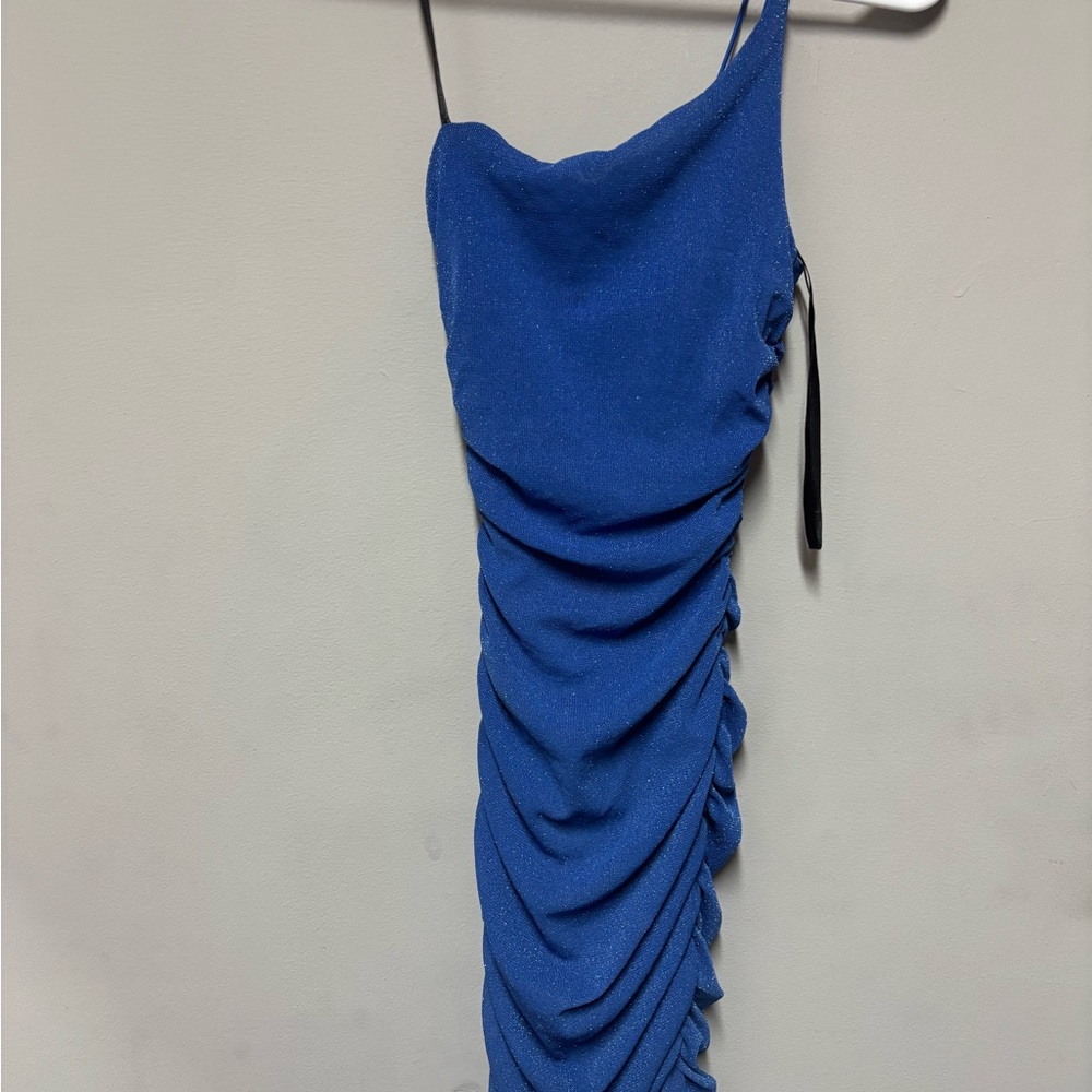 B Darlin Blue Asymmetrical Ruched Cocktail Dress